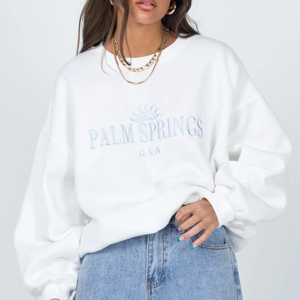 Princess Polly White 'Palm Springs U.S.A.' Embroidered Sweatshirt